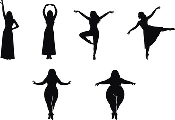 Dynamic black female silhouettes, diverse body types, dancing, posing, elegant and full figure women
