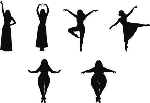 Dynamic black female silhouettes, diverse body types, dancing, posing, elegant and full figure women
