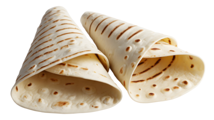 Two flour tortillas rolled into cones, isolated on transparent background
