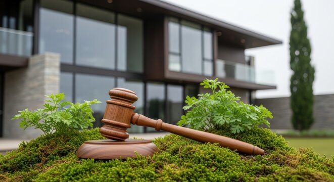 A Wooden Gavel Rests on Green Moss in Front of a Modern Mansion on a Cloudy Day