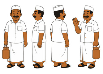 South Indian Milkman Character Turnaround – Tamil Man in Dhoti and Gandhi Cap Holding Milk Can – Flat Color Illustration