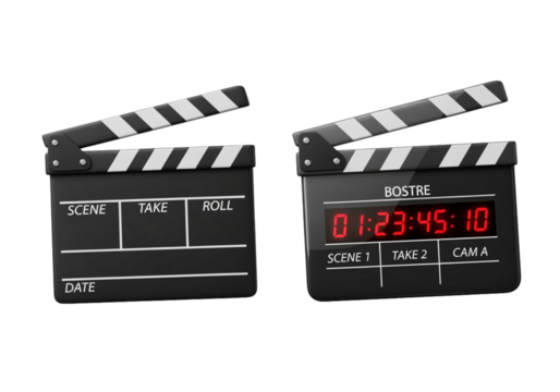3D movie clapperboard duo isolated on transparent background
