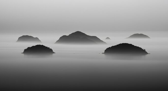 Ha Long Bay, Vietnam Monochrome ethereal islands in fog landscape, minimalist seascap