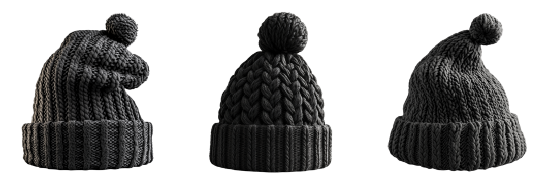 Three knitted winter hats with pom-poms isolated on a transparent background