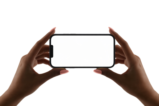 Hands holding modern smartphone with blank white screen, perfect for showcasing app interfaces, website mockups, or custom designs on a sleek device