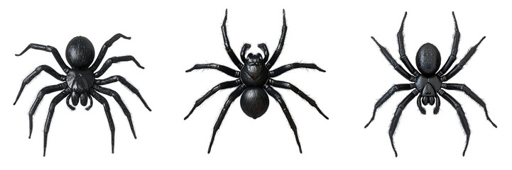 Obraz premium Three black spiders with hairy legs isolated on a transparent background