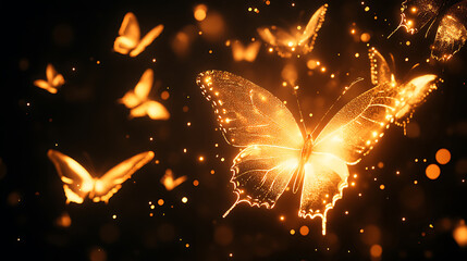 Luminous butterflies soaring in darkness with sparkling light particles romantic magical golden glowing effect against black backdrop decorative design