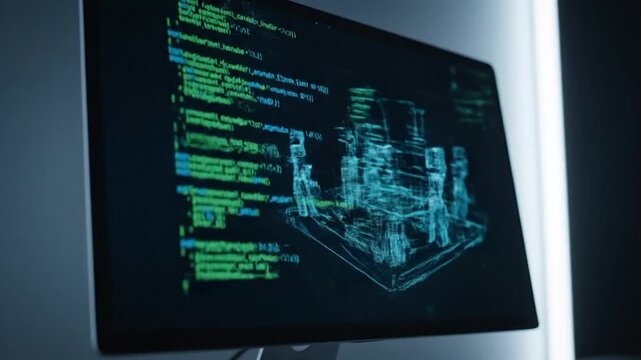 A close-up of a computer monitor displaying lines of code in green and blue
