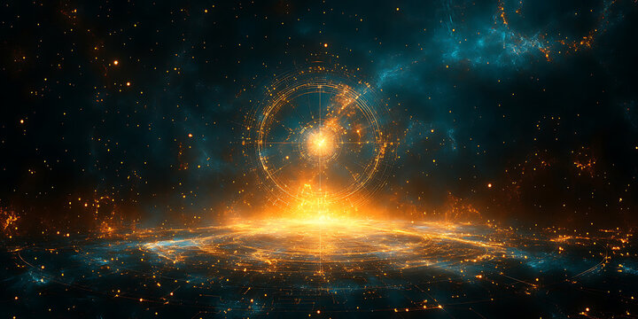 Luminous circle in cosmic space with nebula and glowing particles abstract scifi background showcasing futuristic technology and advanced artificial intelligence depicting innovation