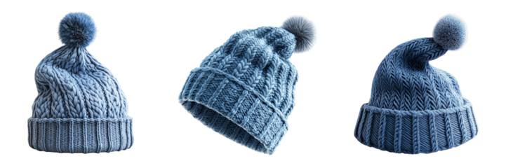 Three blue knitted winter hats isolated on a transparent background 1