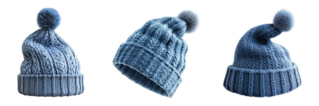 Three blue knitted winter hats isolated on a transparent background 1 - Powered by Adobe