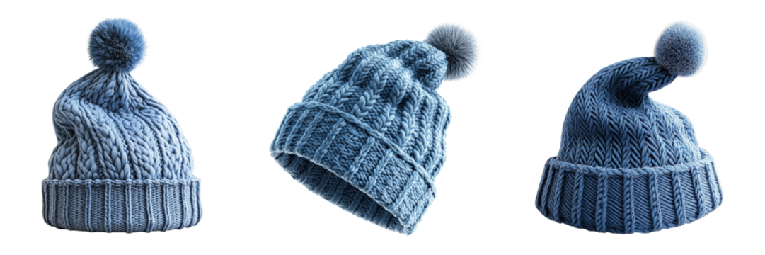 Three blue knitted winter hats isolated on a transparent background 1