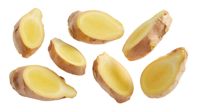 Fresh ginger root slices isolated on transparent background, showcasing their vibrant yellow flesh and fibrous texture, perfect for culinary and medicinal use
