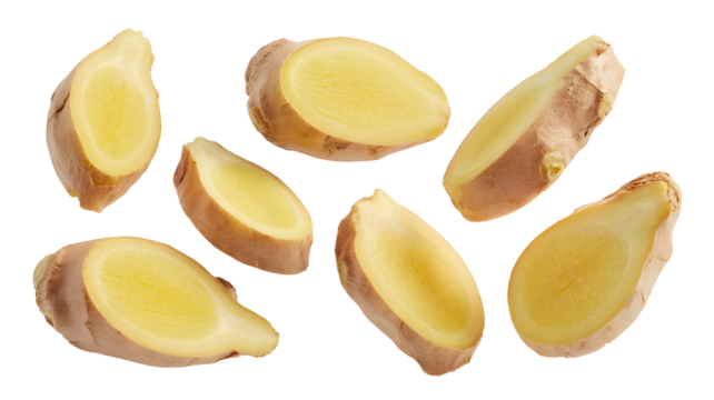 Fresh ginger root slices isolated on transparent background, showcasing their vibrant yellow flesh and fibrous texture, perfect for culinary and medicinal use
