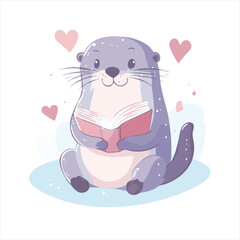 Cute otter reading a book, surrounded by hearts