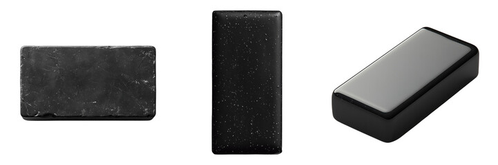Three dark rectangular objects with different textures isolated on a transparent background