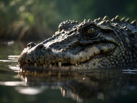 Extreme close-up of a crocodile’s snout with textured scales glistening in sunlight, featuring deep shadows and swamp reflections for dramatic wildlife photography.