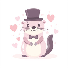 Cute, cartoon otter wearing a top hat and bow tie, surrounded by hearts