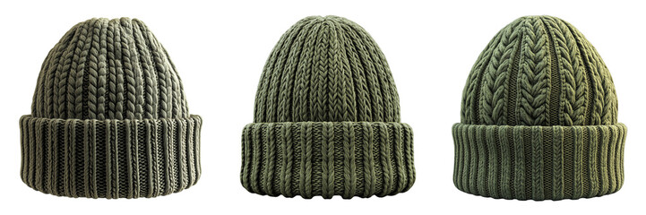 Three knitted beanies in olive green isolated on a transparent background