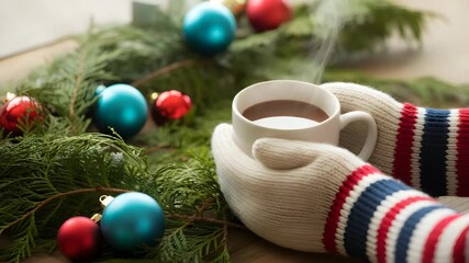 Cozy winter scene with steaming mug and holiday ornaments, perfect for Christmas time - Powered by Adobe