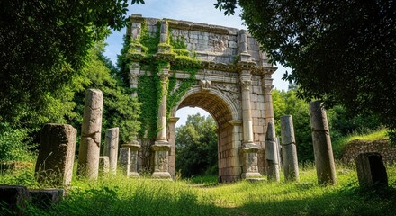 Fototapeta premium Ancient Roman Archway Ruins Overgrown With Green Ivy Lush Foliage Sunlight Through Trees