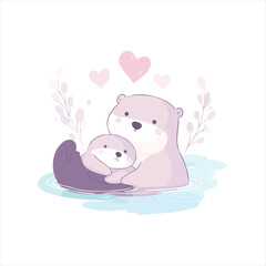 Cute otter mother and baby
