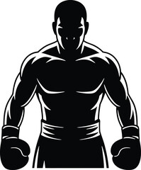 Fototapeta premium Silhouette of Muscular Boxer in Fighting Stance with Boxing Gloves on Transparent Background