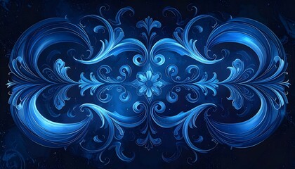 A symmetrical decorative flourish pattern, in vibrant shades of blue, with swirling floral elements. Rich dark background