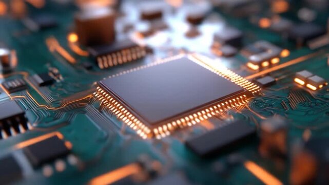Microchip processor glowing on green circuit board electronic component detail