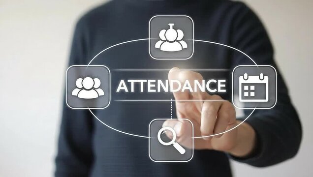 Attendance Management Business Education concept. Man working on virtual touch screen presses word ATTENDANCE. Office software and user personal account