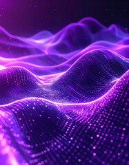 A vibrant, abstract digital art piece. The image features undulating, glowing purple lines and pixelated surfaces, evoking an ethereal landscape