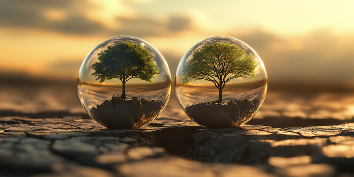 Two trees growing inside glass spheres on dry land during sunset representing preservation