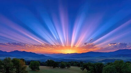 Vibrant sunset over rolling hills with glowing orange clouds and dramatic purple and blue sky light rays illuminating a distant town and foreground trees