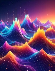 A vibrant digital illustration depicts abstract mountain-like formations comprised of glowing, interconnected lines and dots against a twilight sky