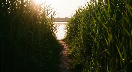Pathway through tall reeds leads to serene lake at sunset.