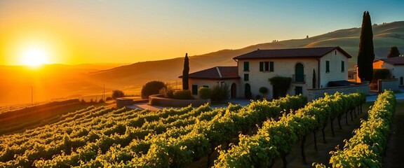 Tuscan farmhouse bathed in golden sunrise light, vineyards stretching to the horizon, rustic, vines