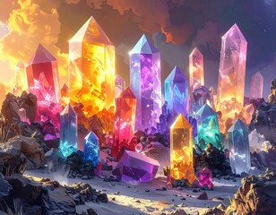 A vibrant, fantastical landscape of towering, gem-like structures glowing with various colors under a bright, dynamic sky