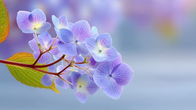 Delicate Cluster of Light Purple Hydrangea Blossoms with Green Leaves Sparkle in Soft Morning Light on a Blurred Blue Background