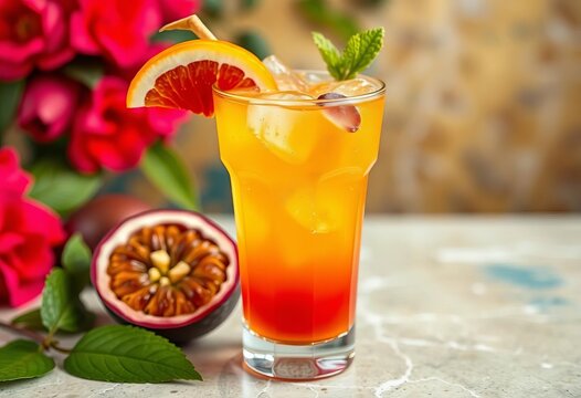 Refreshing passion fruit cocktail in a glass, garnished with fruit,  celebration,   summer drink
