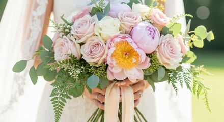 Bride Holding A Pastel Pink And White Floral Bouquet With Greenery On Wedding Day Close Up