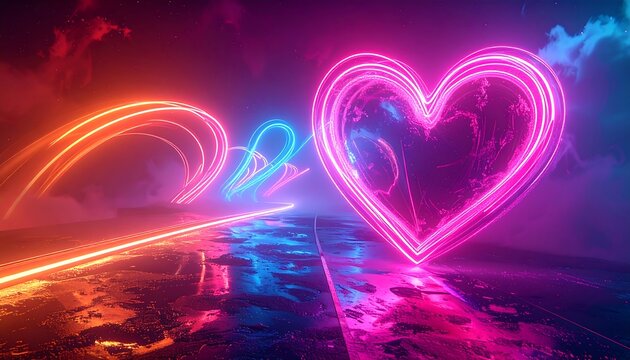 A vibrant, neon-lit heart pulses with energy, surrounded by glowing pathways across a reflecting surface under a stormy sky