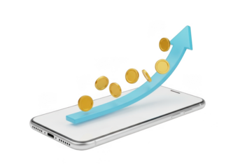 A blue arrow graph with gold coins rising from a smartphone screen, symbolizing financial growth, isolated on transparent background
