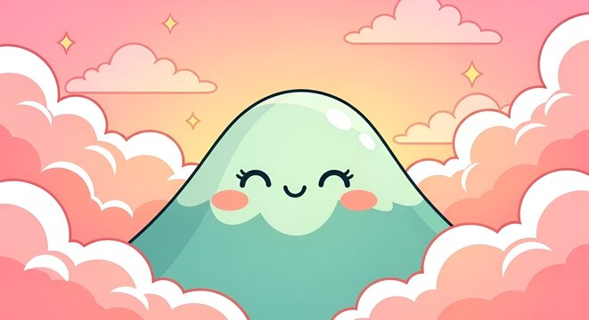Cute Smiling Mountain Character in Dreamy Pastel Sky with Fluffy Pink Clouds and Sparkling Stars