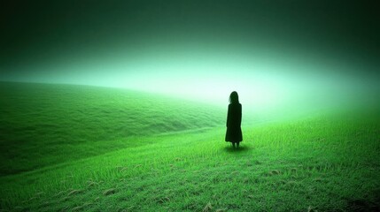 Solitary figure silhouetted in a foggy, vibrant green field, hinting at mystery