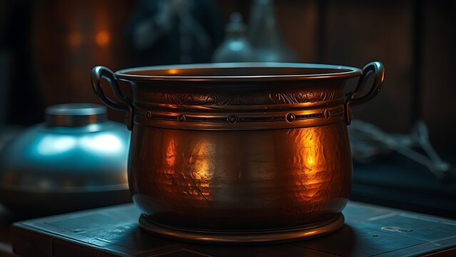 makrut. Aged copper still glowing softly in atmospheric ambient light. safety posters, maintenance manuals, designed for precision metalworking and fabrication facilities, supports safety.