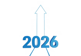 The year 2026 represented by blue numbers with an upward arrow, isolated on transparent background