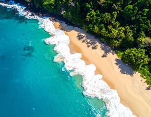 Aerial view of a sunny, golden sand beach with turquoise water. Lush, green vegetation borders the coast, casting shadows