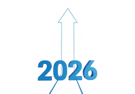 The year 2026 represented by blue numbers with an upward arrow, isolated on transparent background