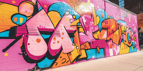 Naklejka premium Urban wall art with vibrant graffiti background on brick colorful artistic abstract expression street art culture graphic