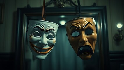 oriflamme. Comedy and tragedy masks hanging before a vintage dressing room mirror in a dim backstage setting. event programs.